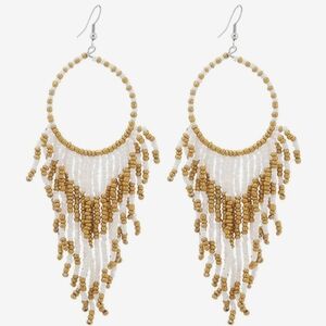 Long 5" White Bronze Oversized Beaded Hoop Earrings Southwestern Boho Hoops New